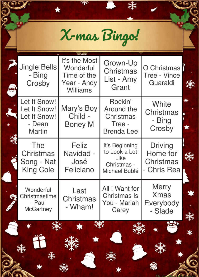 Exemple de carte de bingo musical de Noël avec des chansons de Noël